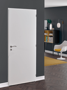 Visuel d'ambiance portes de communication plane blanche dans un salon. 